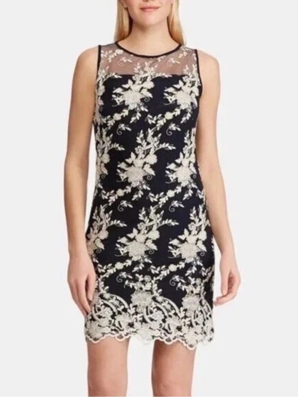 Lauren Ralph Lauren NWT Floral Embroidered Mesh Sheath Dress 2P Navy Gold